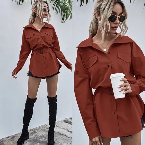 Button Detail Belted Long Sleeve Shirt- BRICK - Picture 3 of 10